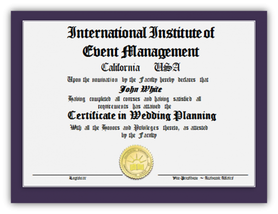 The Certificate in Wedding Planning is offered as two options